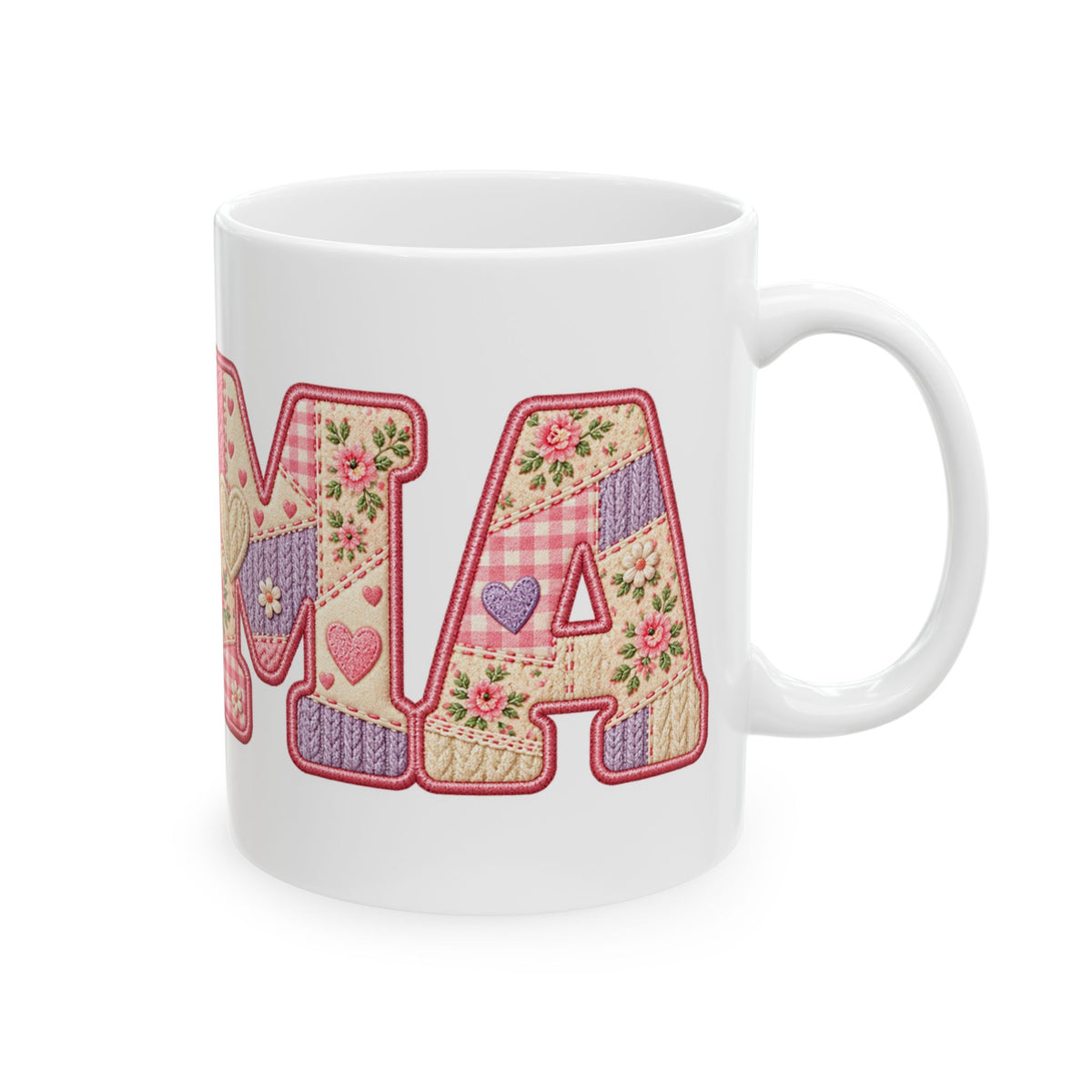 Mama Patchwork Ceramic Mug — Floral Quilted "MAMA" Coffee Cup (11oz)