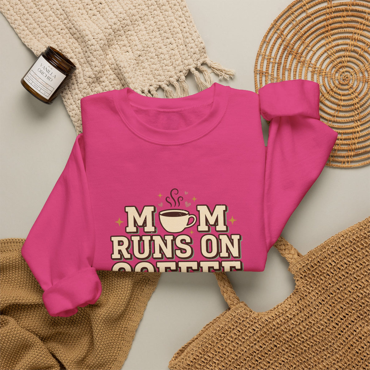 Mom Runs On Coffee Crewneck Sweatshirt — Cute Coffee Mom Pullover