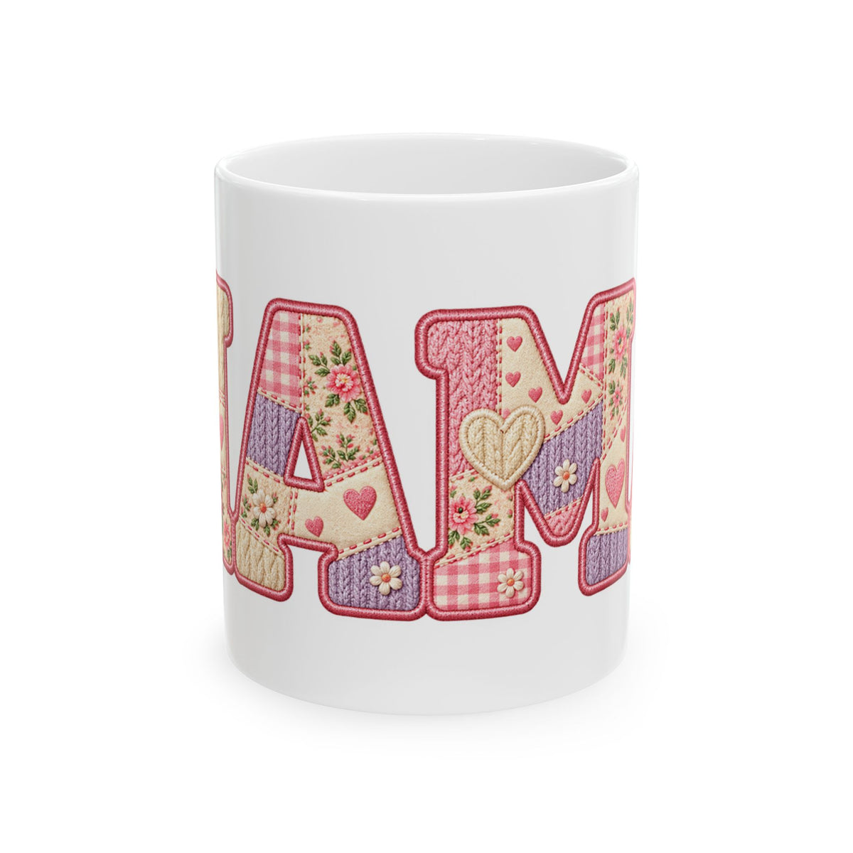 Mama Patchwork Ceramic Mug — Floral Quilted "MAMA" Coffee Cup (11oz)