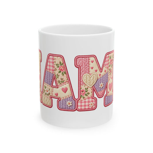Mama Patchwork Ceramic Mug — Floral Quilted "MAMA" Coffee Cup (11oz)