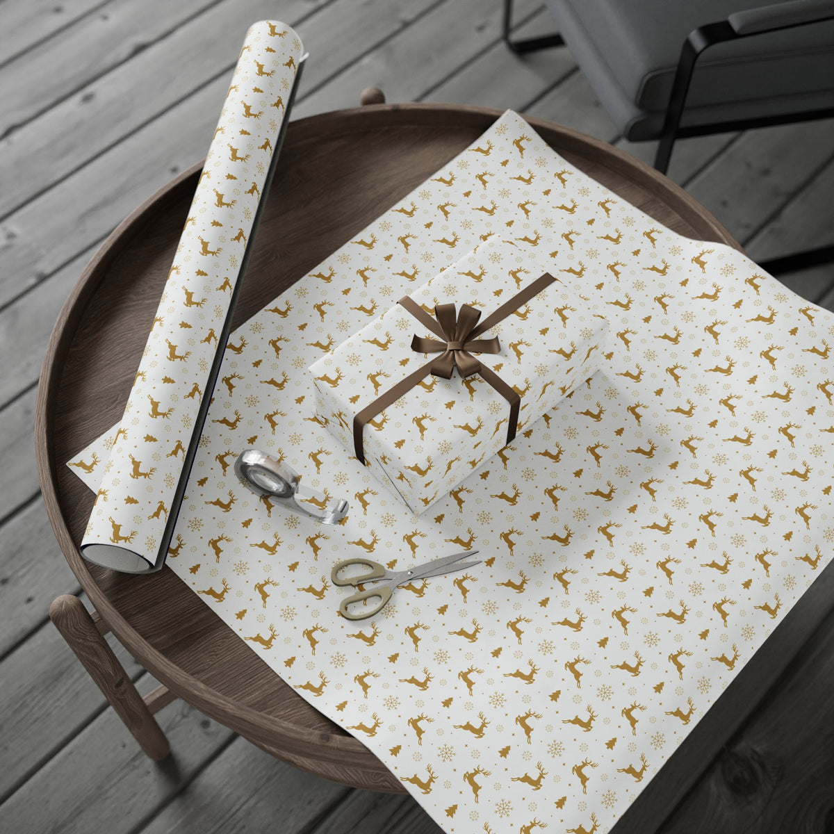 Gold Reindeer & Snowflakes Wrapping Paper