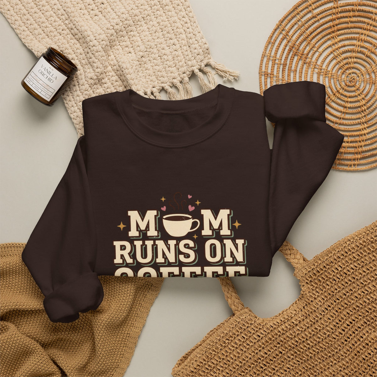 Mom Runs On Coffee Crewneck Sweatshirt — Cute Coffee Mom Pullover