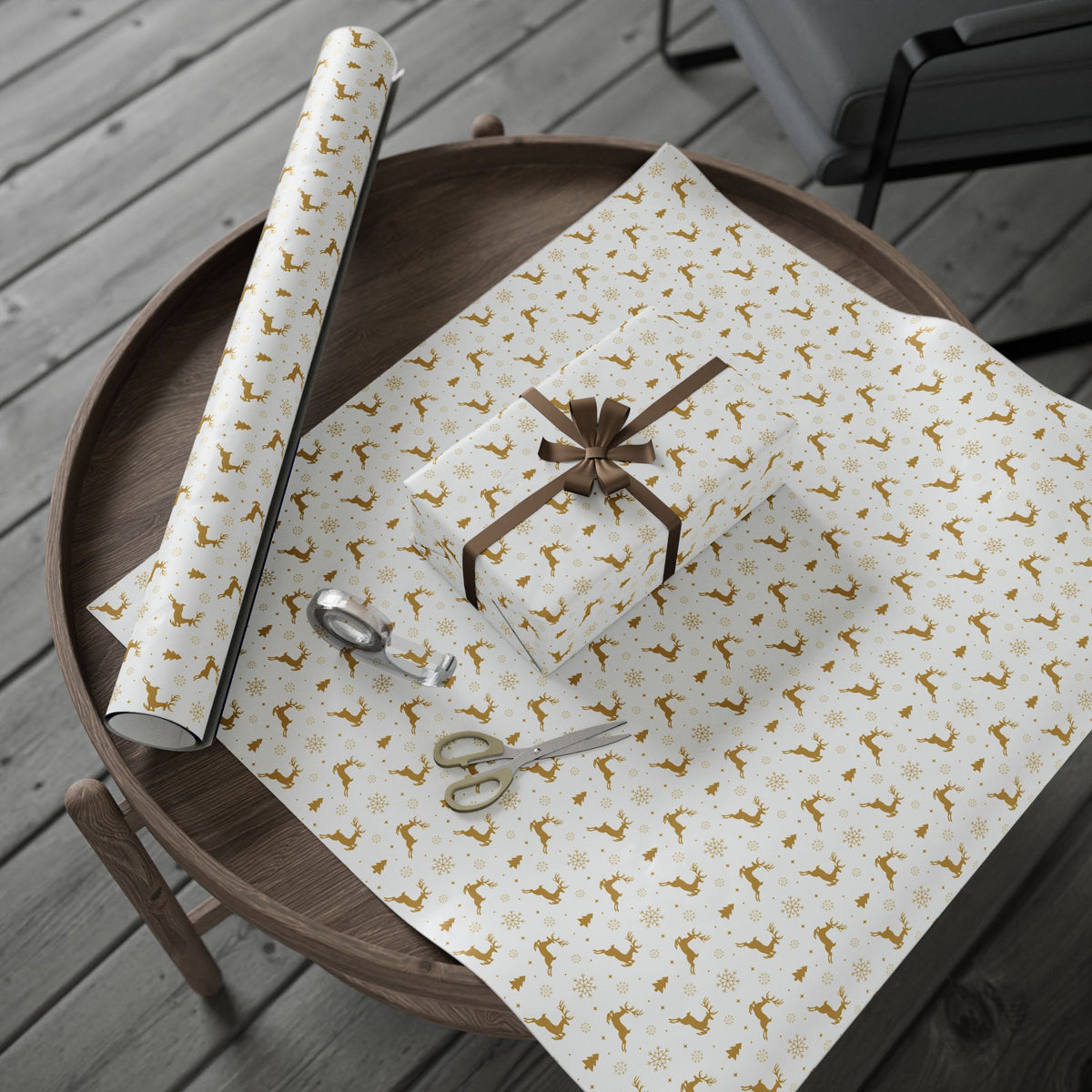 Gold Reindeer & Snowflakes Wrapping Paper