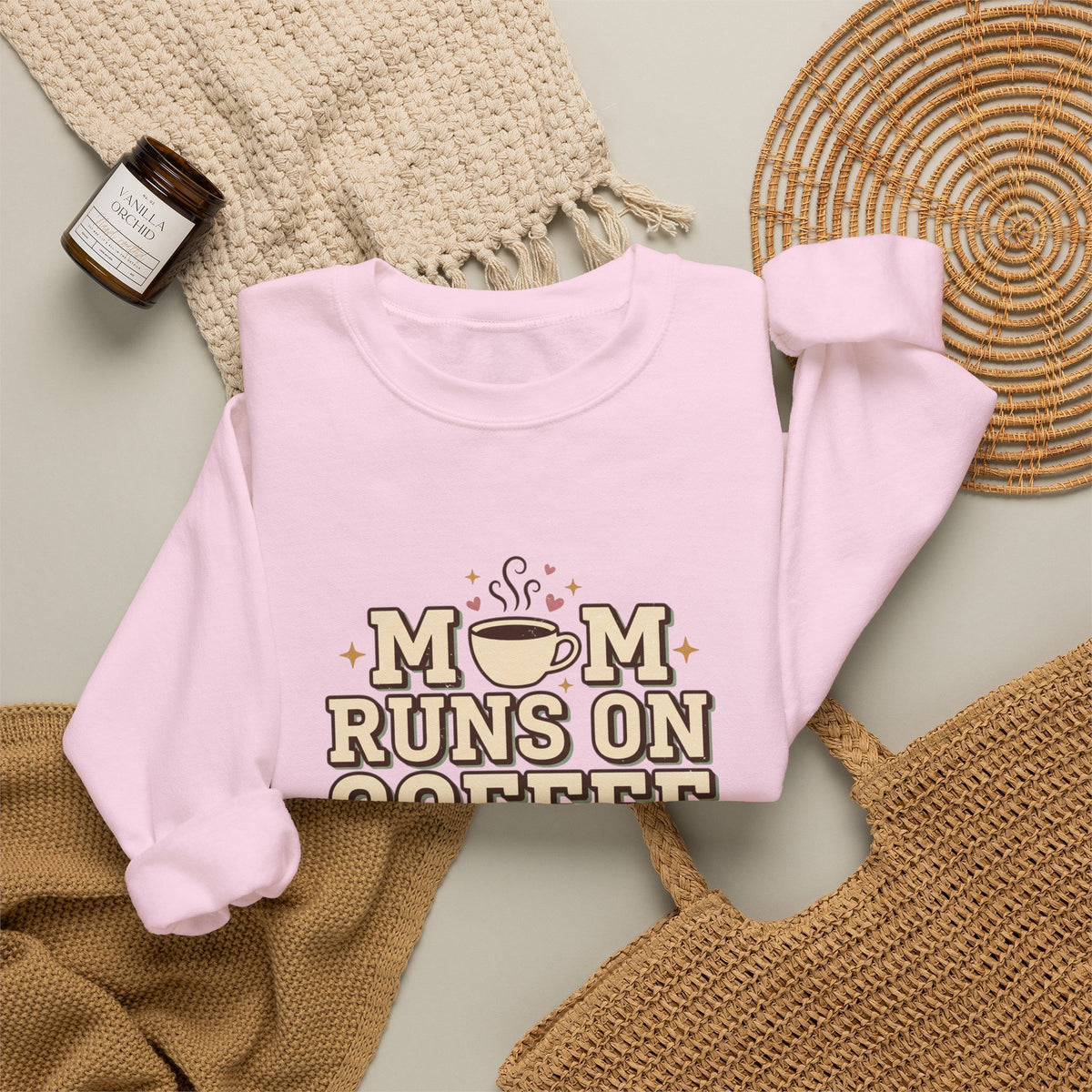 Mom Runs On Coffee Crewneck Sweatshirt — Cute Coffee Mom Pullover