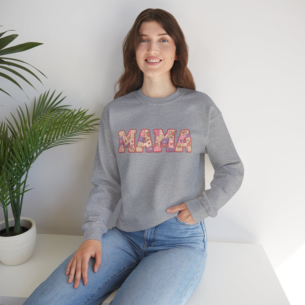 Mama Floral Crewneck Sweatshirt — Retro Pink Pattern "MAMA" Gift for Moms