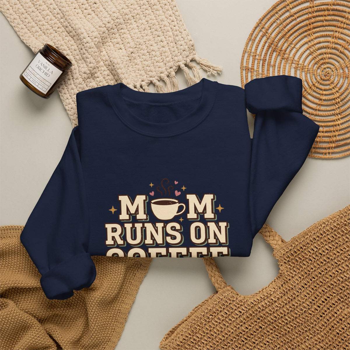 Mom Runs On Coffee Crewneck Sweatshirt — Cute Coffee Mom Pullover