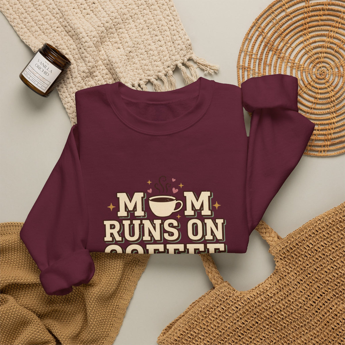Mom Runs On Coffee Crewneck Sweatshirt — Cute Coffee Mom Pullover