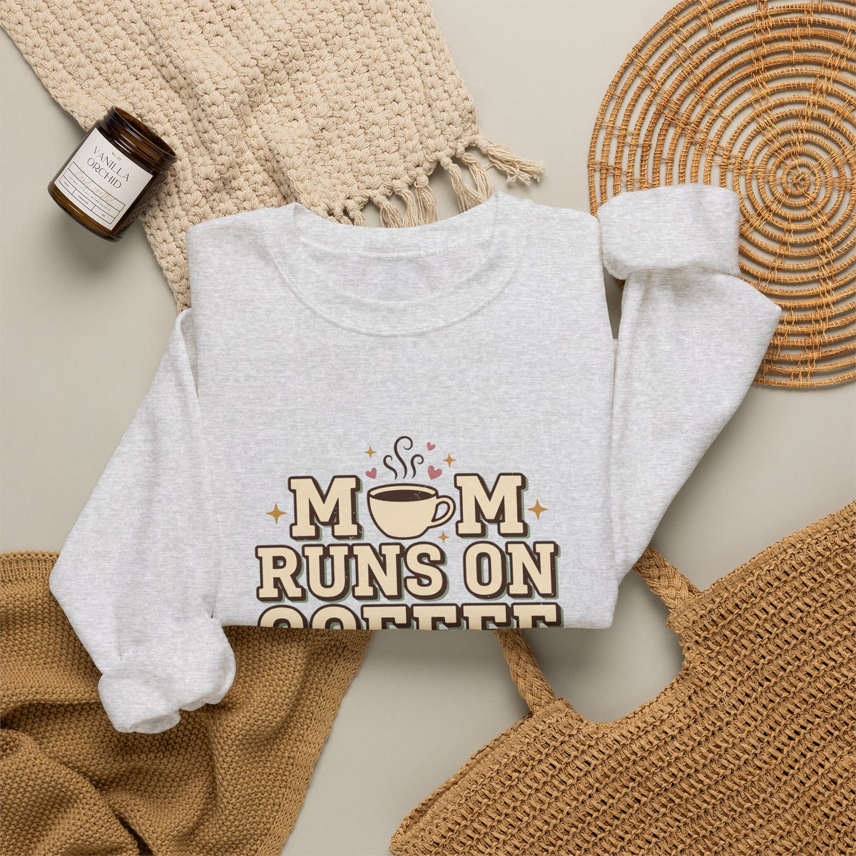 Mom Runs On Coffee Crewneck Sweatshirt — Cute Coffee Mom Pullover