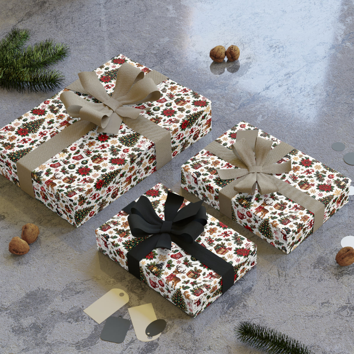 Christmas Floral Gift Wrap Roll — Festive Trees & Holly Pattern
