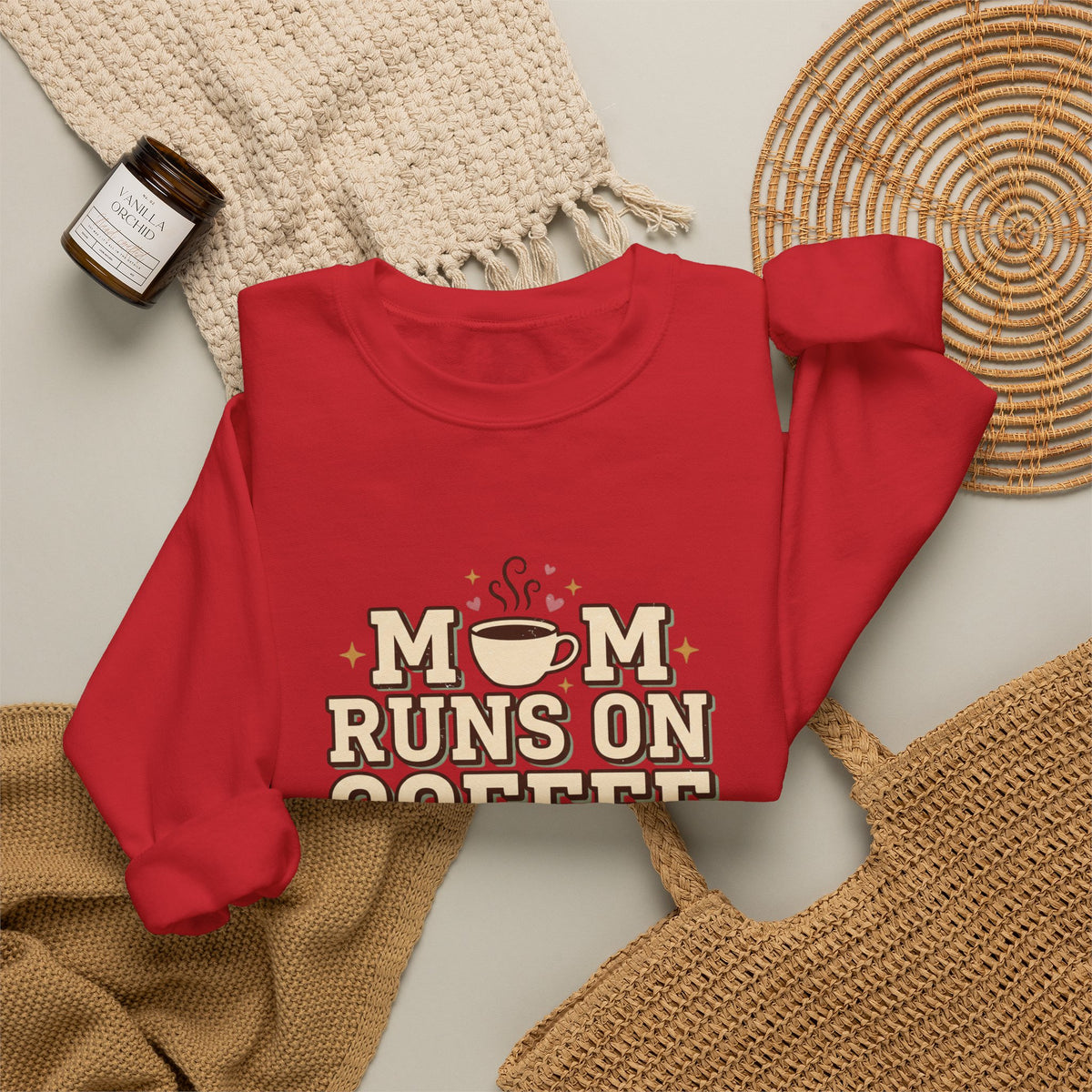Mom Runs On Coffee Crewneck Sweatshirt — Cute Coffee Mom Pullover