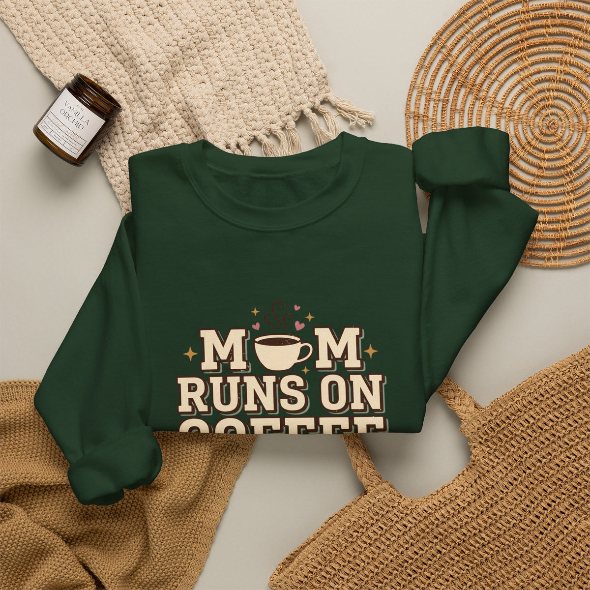 Mom Runs On Coffee Crewneck Sweatshirt — Cute Coffee Mom Pullover