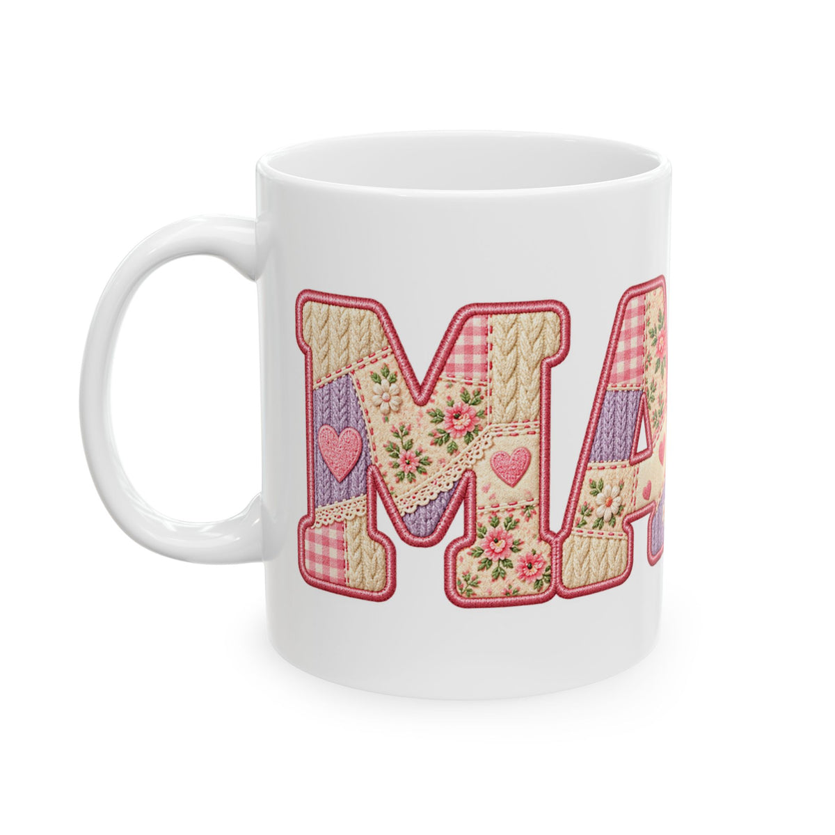 Mama Patchwork Ceramic Mug — Floral Quilted "MAMA" Coffee Cup (11oz)