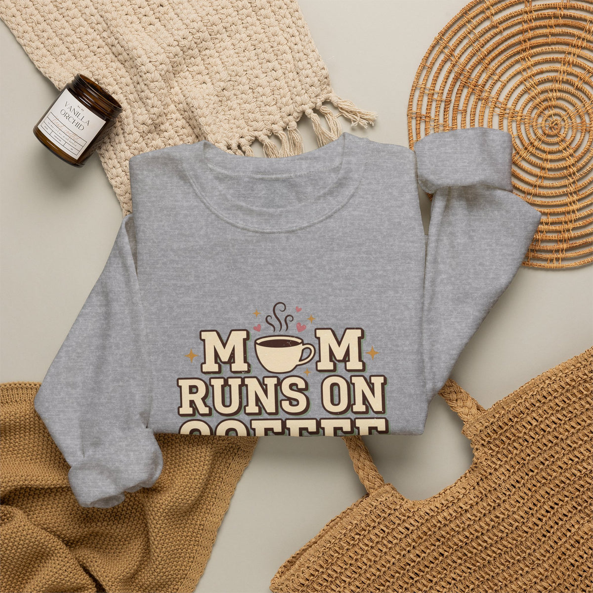 Mom Runs On Coffee Crewneck Sweatshirt — Cute Coffee Mom Pullover