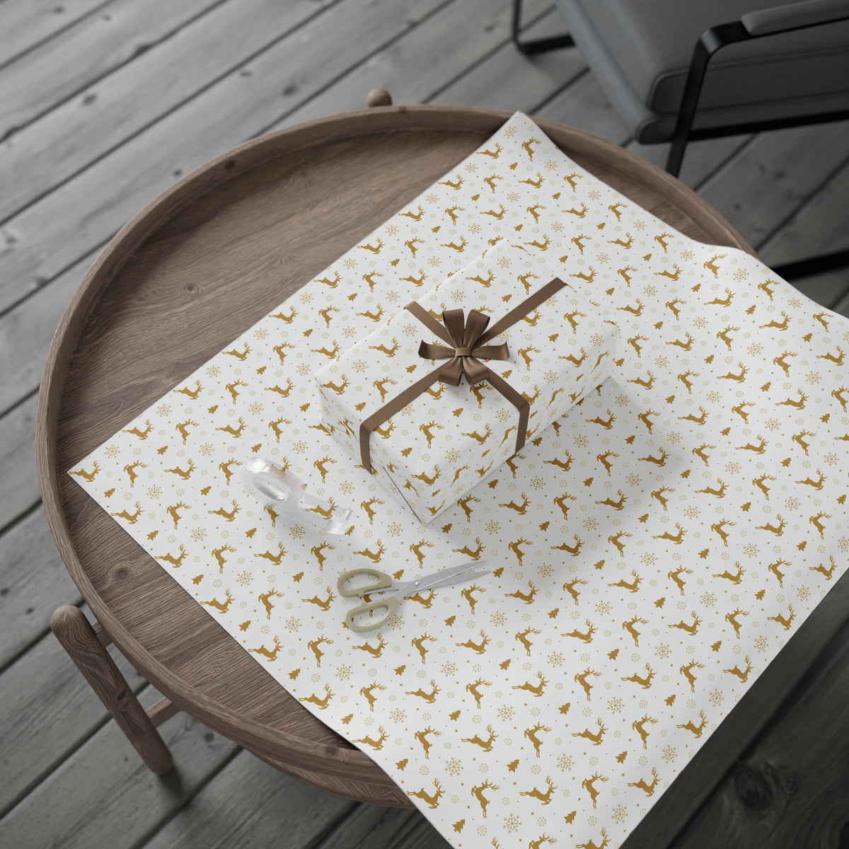 Gold Reindeer & Snowflakes Wrapping Paper