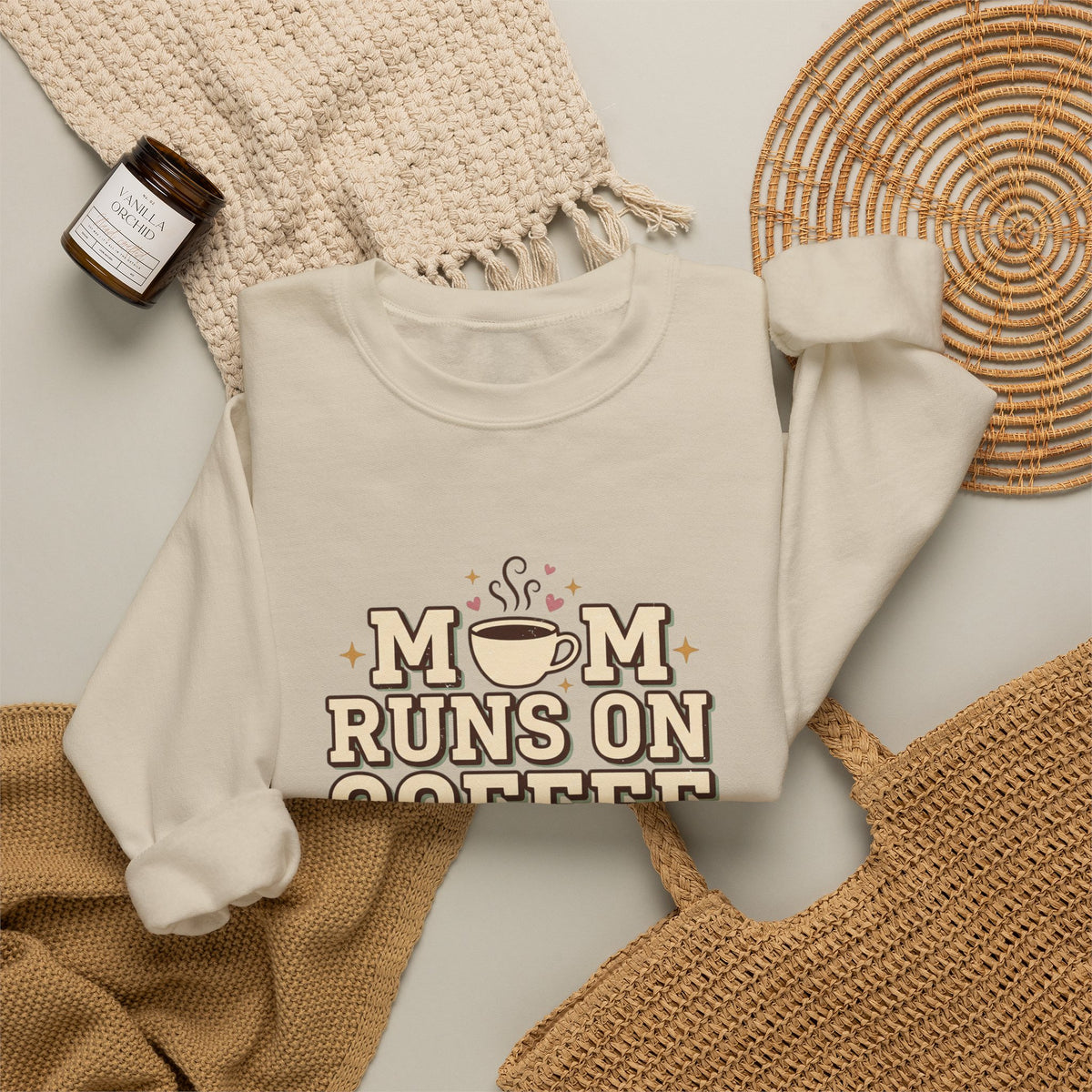 Mom Runs On Coffee Crewneck Sweatshirt — Cute Coffee Mom Pullover