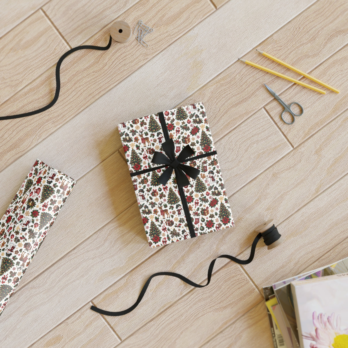 Christmas Floral Gift Wrap Roll — Festive Trees & Holly Pattern