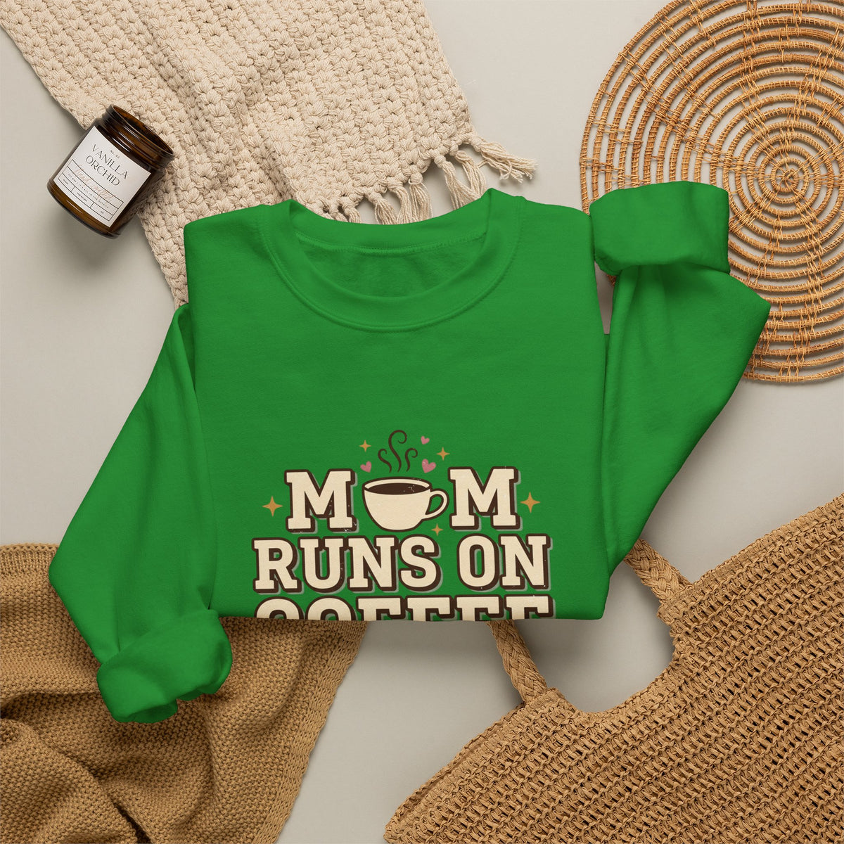 Mom Runs On Coffee Crewneck Sweatshirt — Cute Coffee Mom Pullover