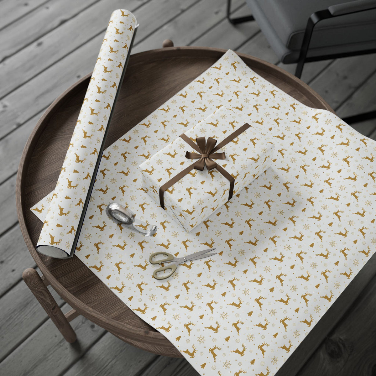 Gold Reindeer & Snowflakes Wrapping Paper