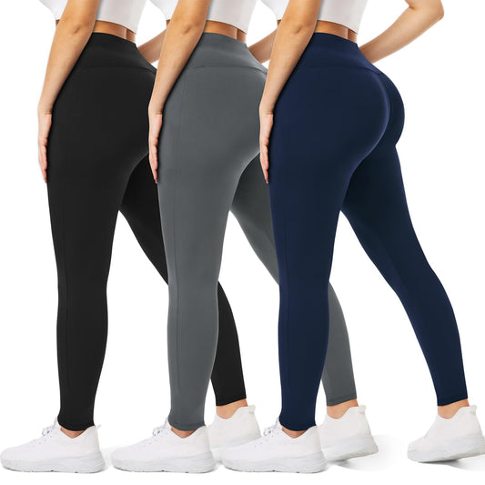 DHSO Leggings for Women, High Waisted Tummy Control Black Yoga Pants for Workout Running,3 Pack Black Gray Navy Blue, Large-X-Large