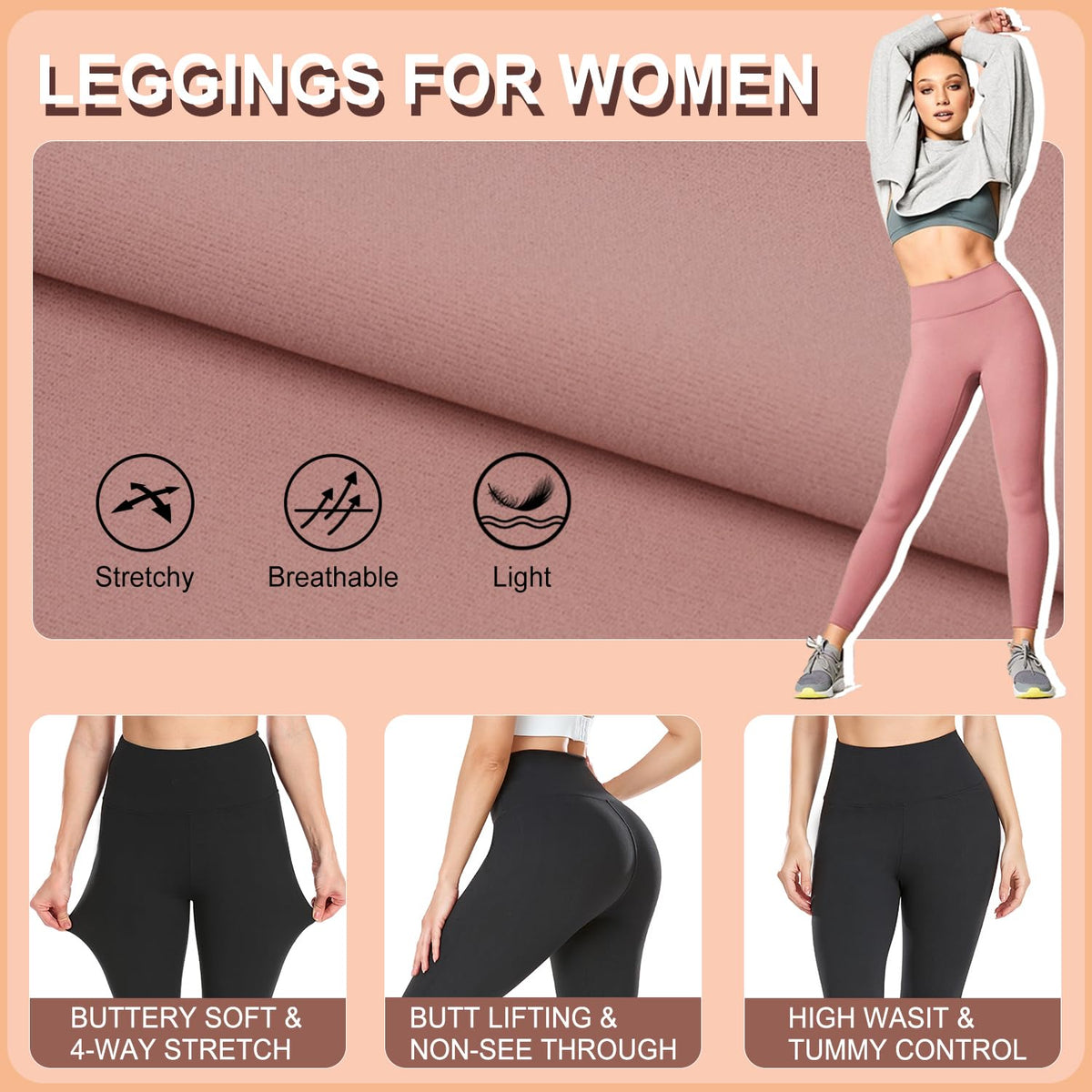 DHSO Leggings for Women, High Waisted Tummy Control Black Yoga Pants for Workout Running,3 Pack Black Gray Navy Blue, Large-X-Large