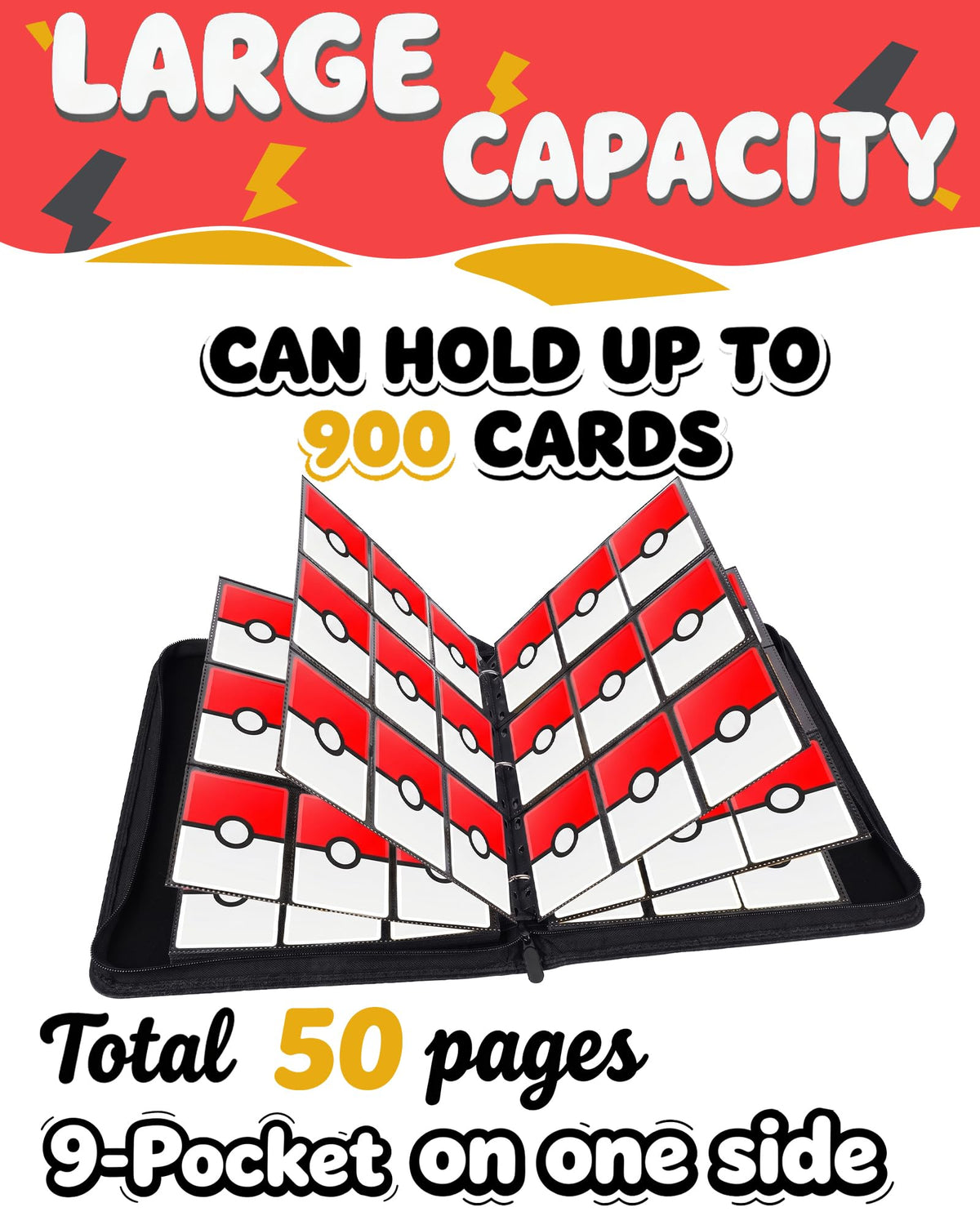 Trading Card Binder 9 Pocket,900 Pocket Card Collection Binder with 50 Removable Sleeves,PU Waterproof Zipper Binder, 3-Ring Zipper Collectible Trading Card Album for MTG/TCG/Card Holder Gift(RED)