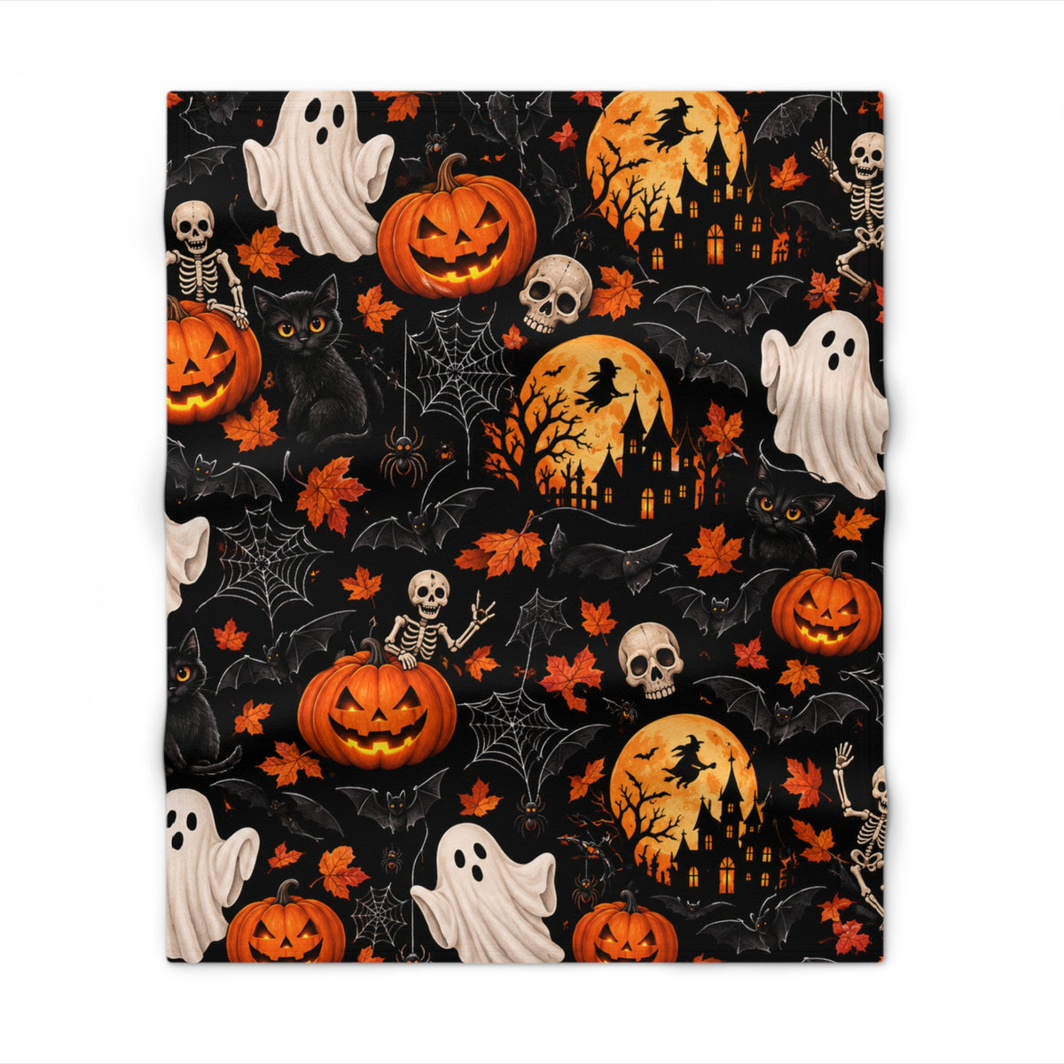 Halloween Cozy Throw Blanket — Pumpkins, Ghosts & Haunted Castle Pattern