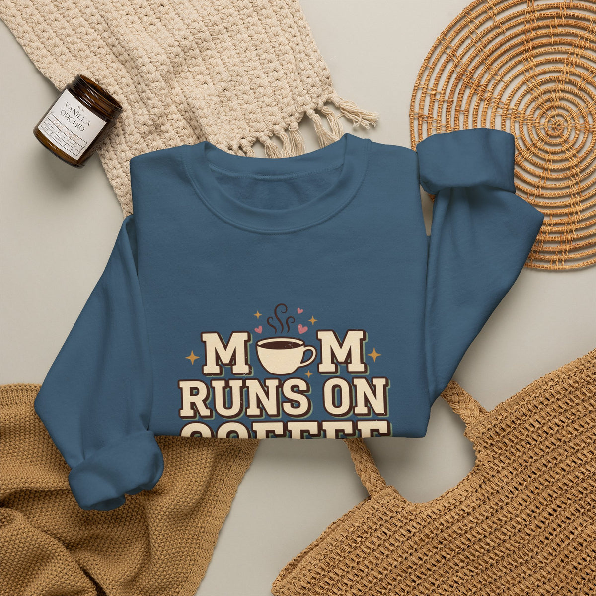Mom Runs On Coffee Crewneck Sweatshirt — Cute Coffee Mom Pullover