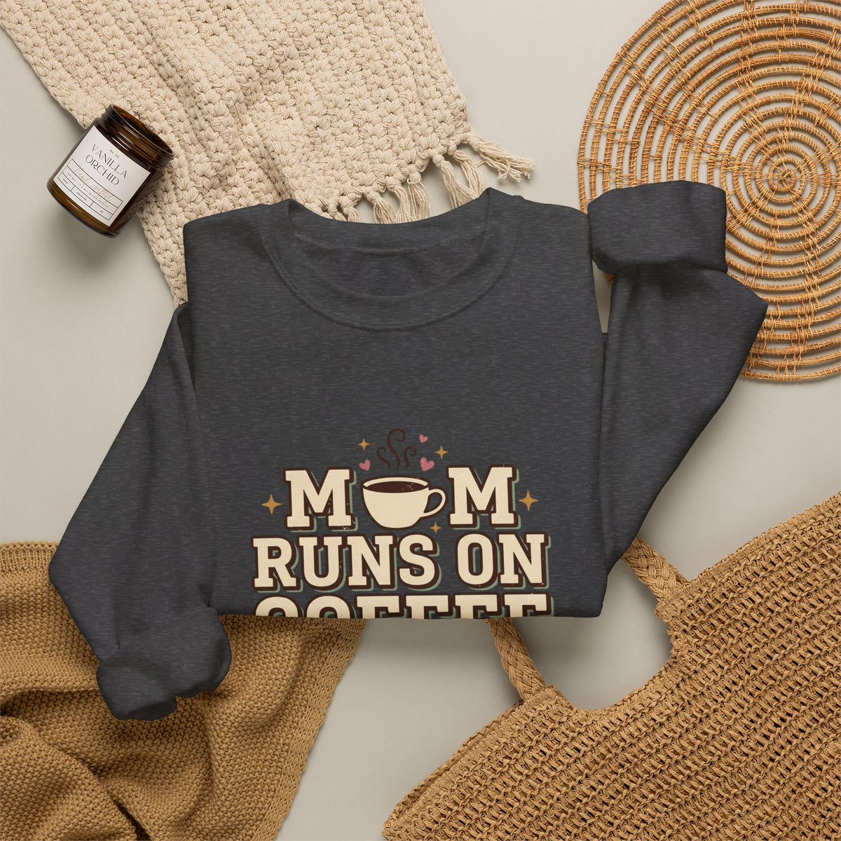 Mom Runs On Coffee Crewneck Sweatshirt — Cute Coffee Mom Pullover