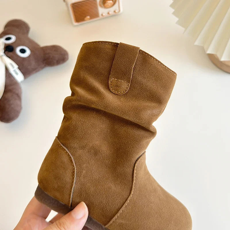 Winter Girl's Boots Suede Khaki Camel Slip-on Flexiable Classic Kids Boots Plush Warm Light Trendy Daily Comfy Children Shoes