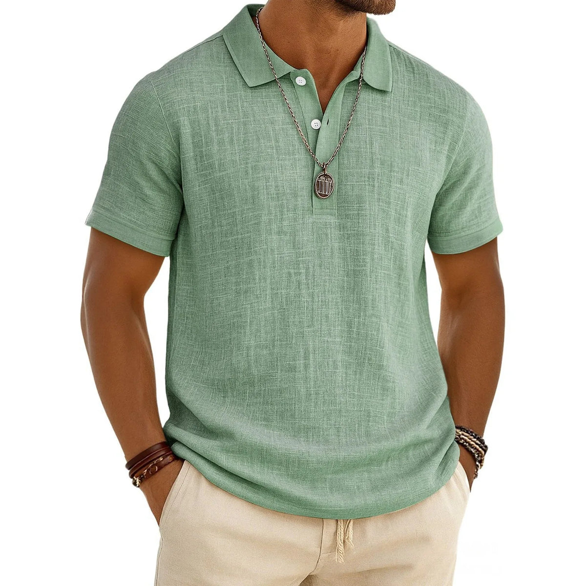 2026 New Men's Casual Solid Color Summer Bamboo Cotton Linen Short Sleeve