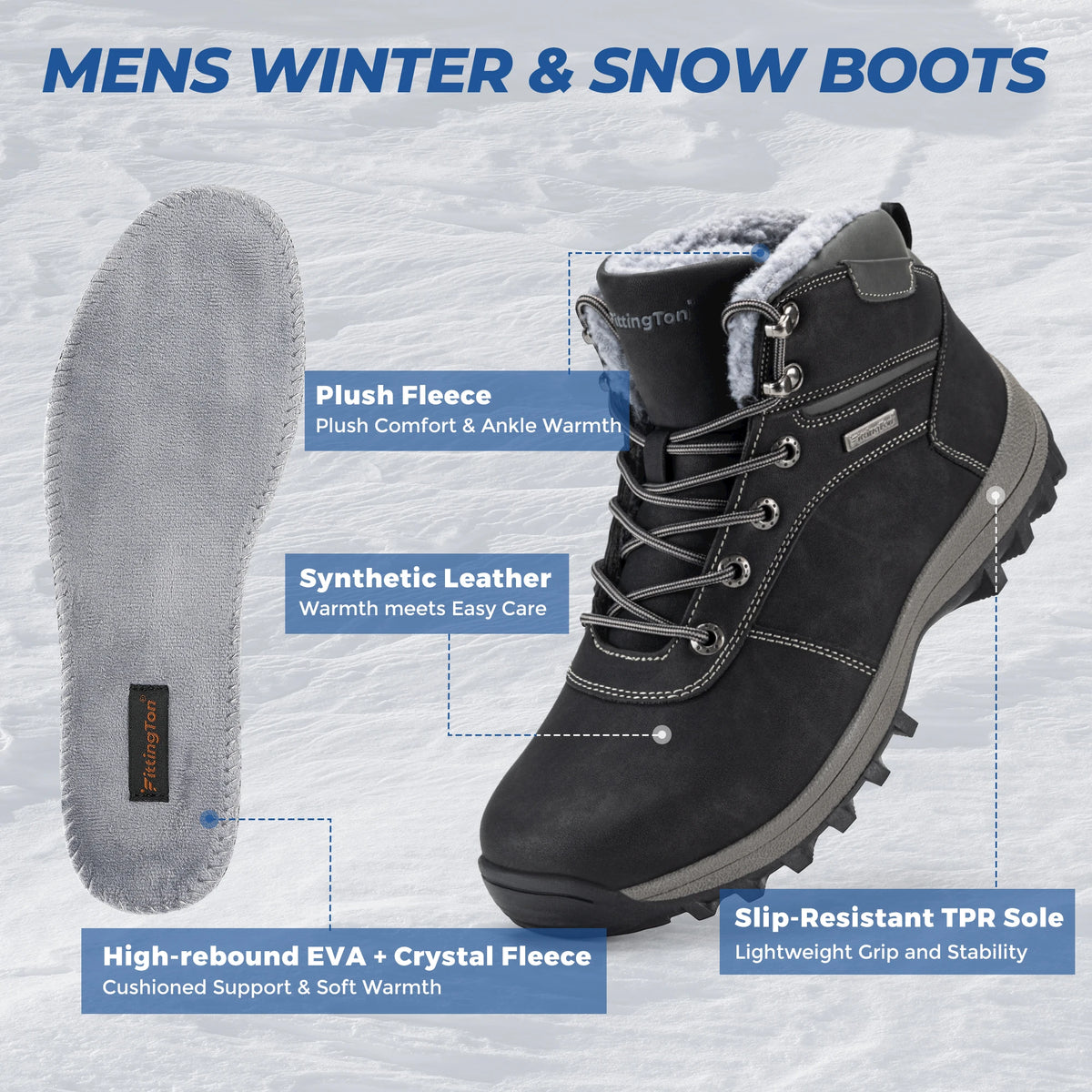 Winter Snow Boots For Men -25℃ Tick Warm Anti-Slip Lightweight Comfortable Warmth Fur Lining Ankle Boots Outdoor Winter Shoes