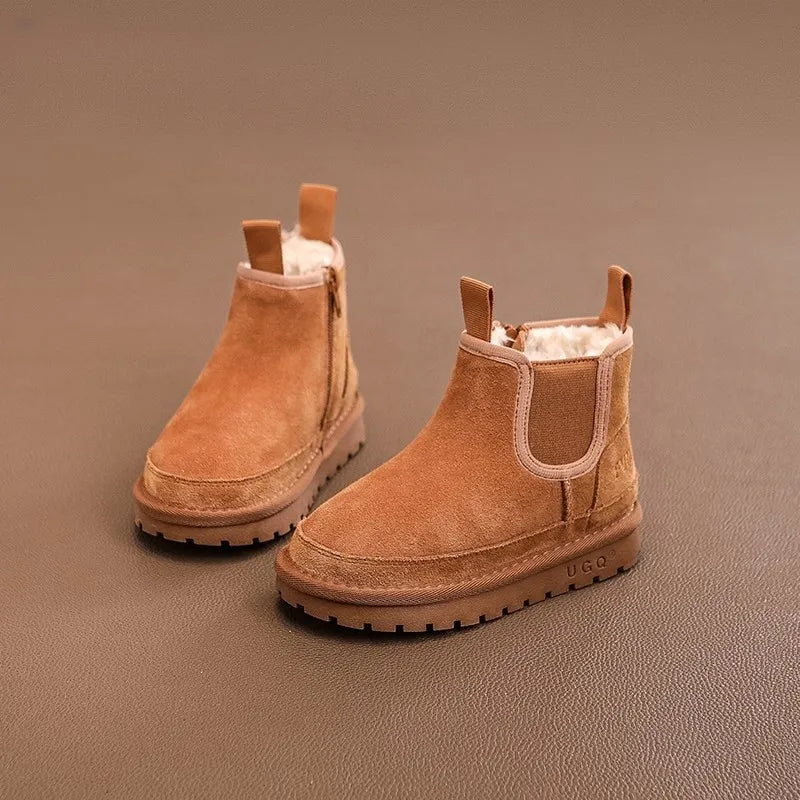Kids Boots Boys Girls Thick Genuine Leather Warm Thicker Fur Children Winter Non-Slip Solid Zip Snow Boots Baby Suede Shoes