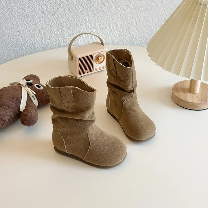 Winter Girl's Boots Suede Khaki Camel Slip-on Flexiable Classic Kids Boots Plush Warm Light Trendy Daily Comfy Children Shoes