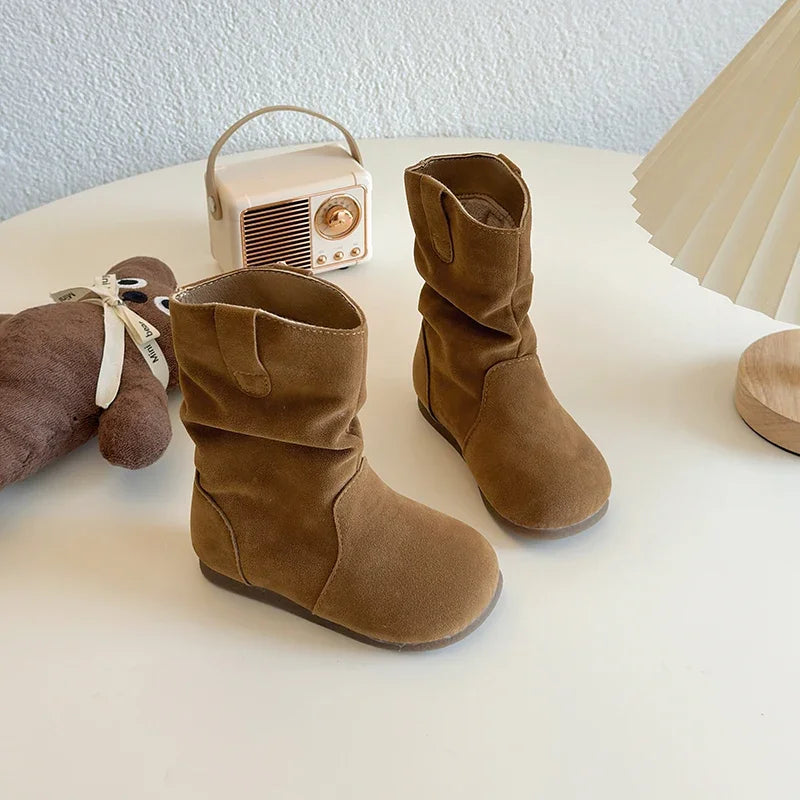 Winter Girl's Boots Suede Khaki Camel Slip-on Flexiable Classic Kids Boots Plush Warm Light Trendy Daily Comfy Children Shoes