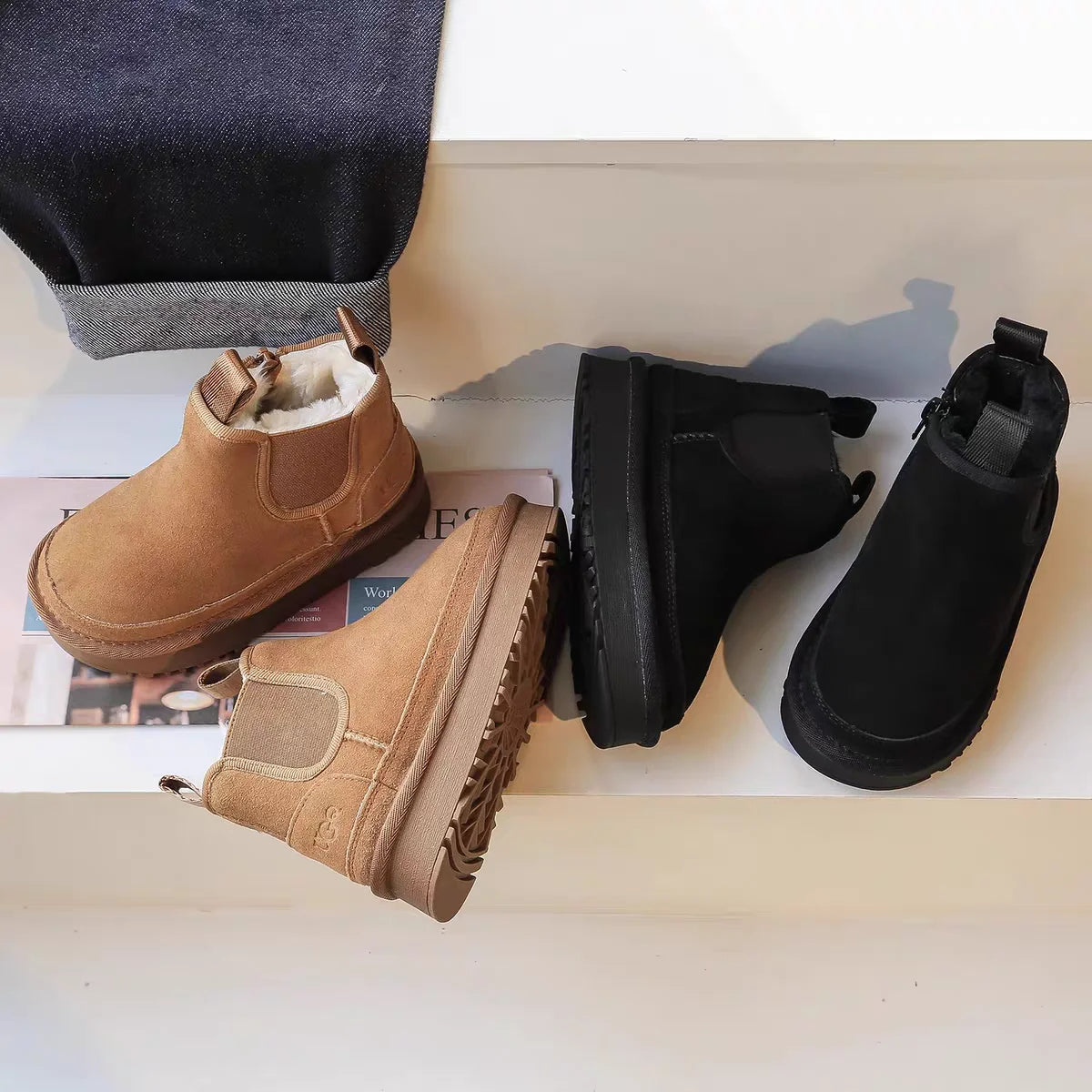 Kids Boots Boys Girls Thick Genuine Leather Warm Thicker Fur Children Winter Non-Slip Solid Zip Snow Boots Baby Suede Shoes
