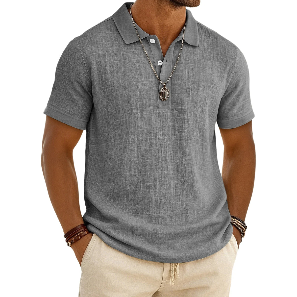 2026 New Men's Casual Solid Color Summer Bamboo Cotton Linen Short Sleeve