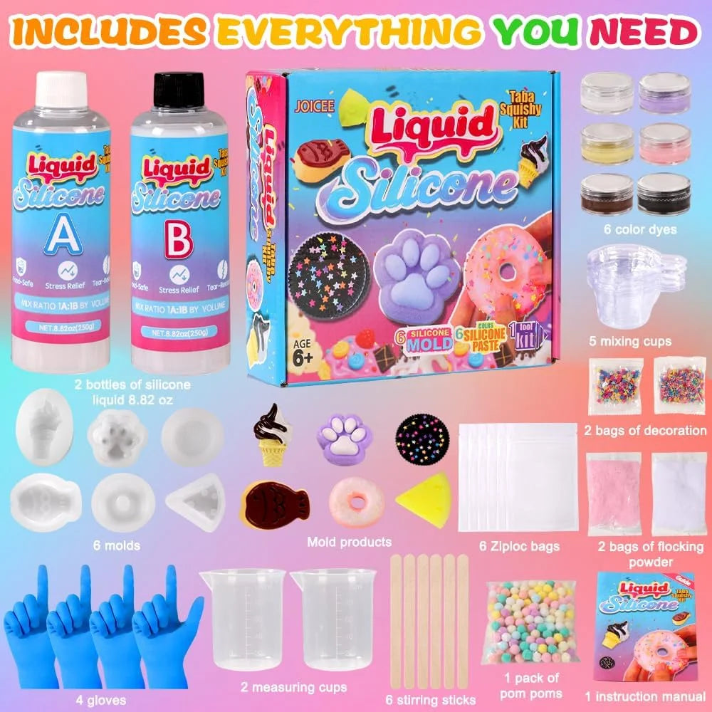 Taba Squishy Kit, DIY Squishy Making Kit 18OZ 1:1 AB Liquid Silicone with 6 Molds for Make Your Own Super Soft Squishies Maker K