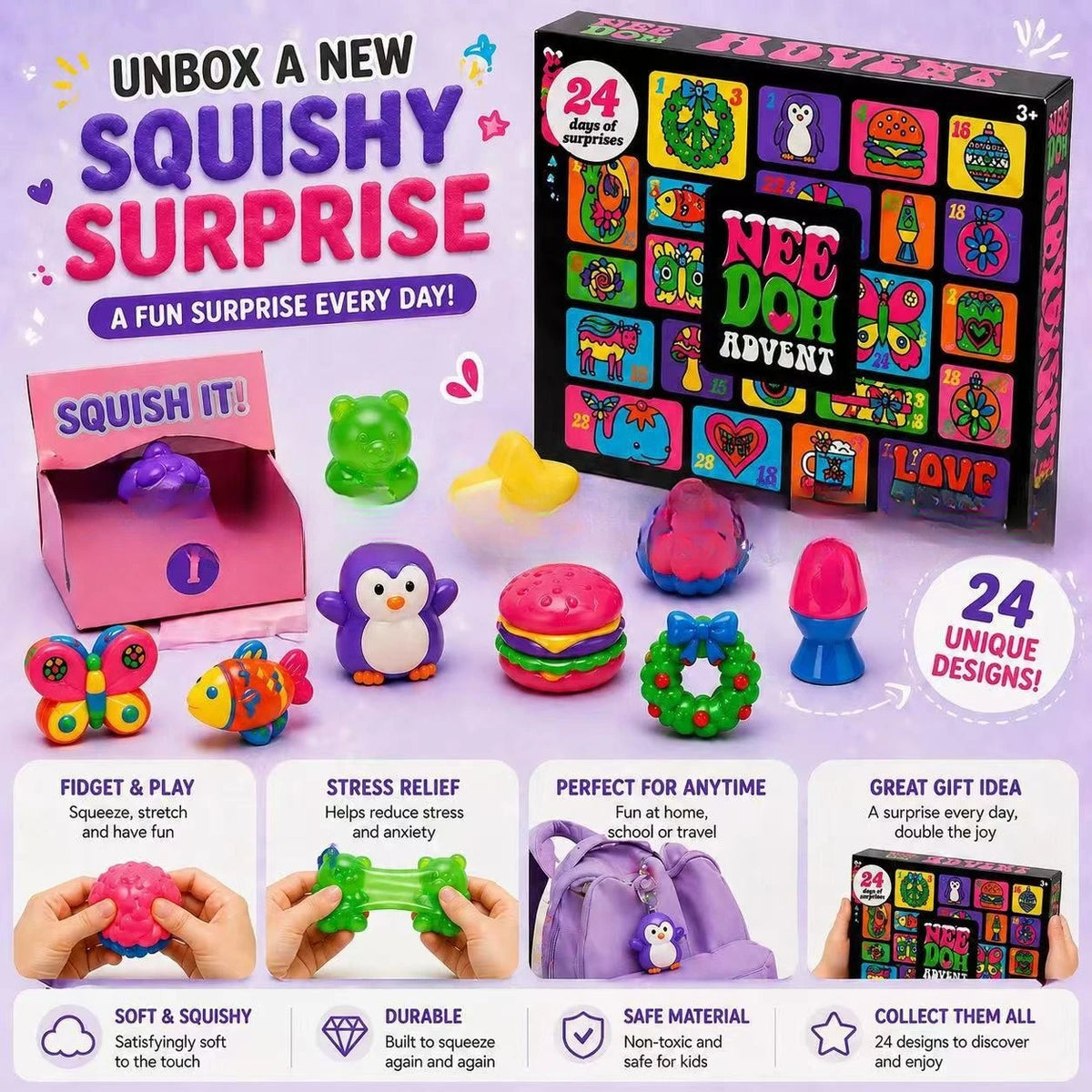 Surprise Squishy Blind Box, Needoh Advent Calendar, 24 Days Countdown Stress Relief Fidget Toys, New Year Advent Calendar Gift