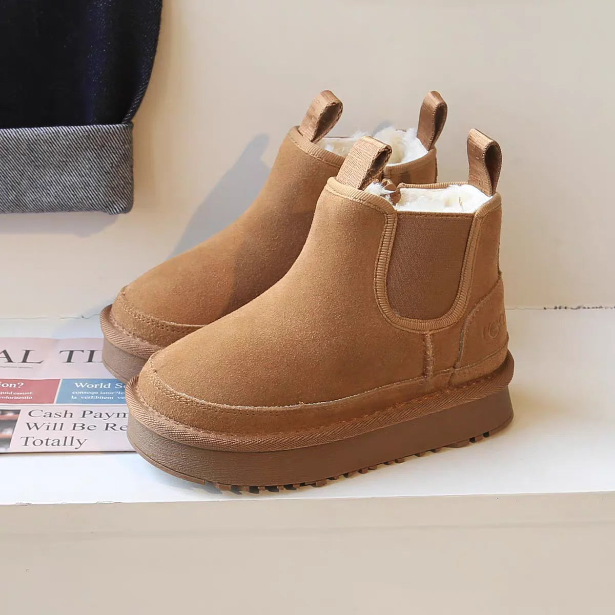 Kids Boots Boys Girls Thick Genuine Leather Warm Thicker Fur Children Winter Non-Slip Solid Zip Snow Boots Baby Suede Shoes