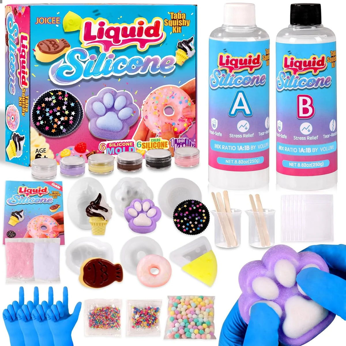 Taba Squishy Kit, DIY Squishy Making Kit 18OZ 1:1 AB Liquid Silicone with 6 Molds for Make Your Own Super Soft Squishies Maker K