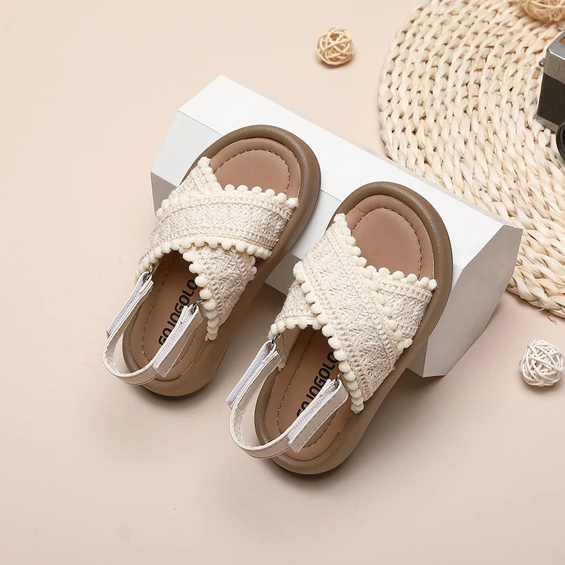 Girls Summer Beach Shoes Ethnic Style Kids Casual Sandals Soft Sole Fashion Children Retro Princess Shoes 2024 Summer New