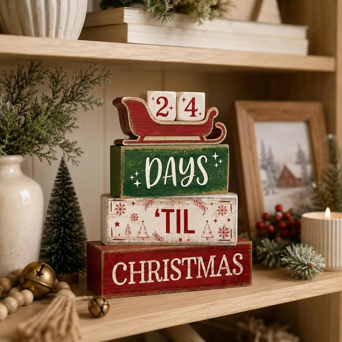 Christmas Countdown Wooden Decorations Indoor, Farmhouse Rustic Tabletop Decor, Days 'Til Christmas Sleigh Advent Calendar Wood