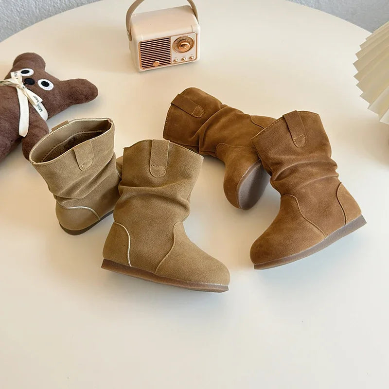 Winter Girl's Boots Suede Khaki Camel Slip-on Flexiable Classic Kids Boots Plush Warm Light Trendy Daily Comfy Children Shoes