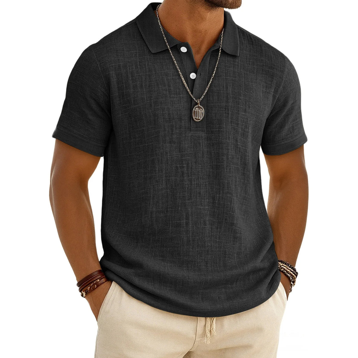 2026 New Men's Casual Solid Color Summer Bamboo Cotton Linen Short Sleeve