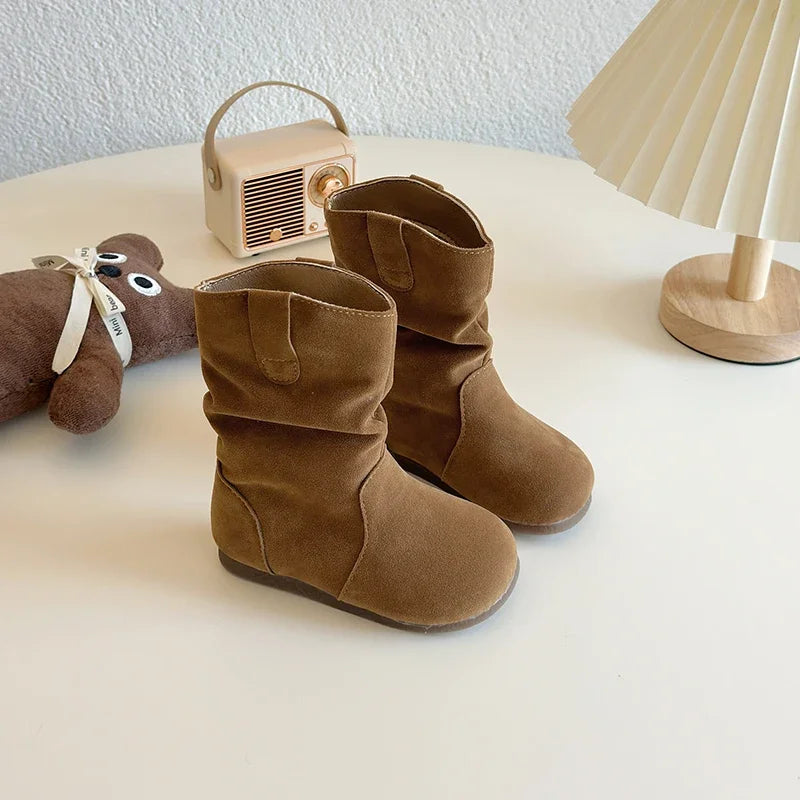 Winter Girl's Boots Suede Khaki Camel Slip-on Flexiable Classic Kids Boots Plush Warm Light Trendy Daily Comfy Children Shoes
