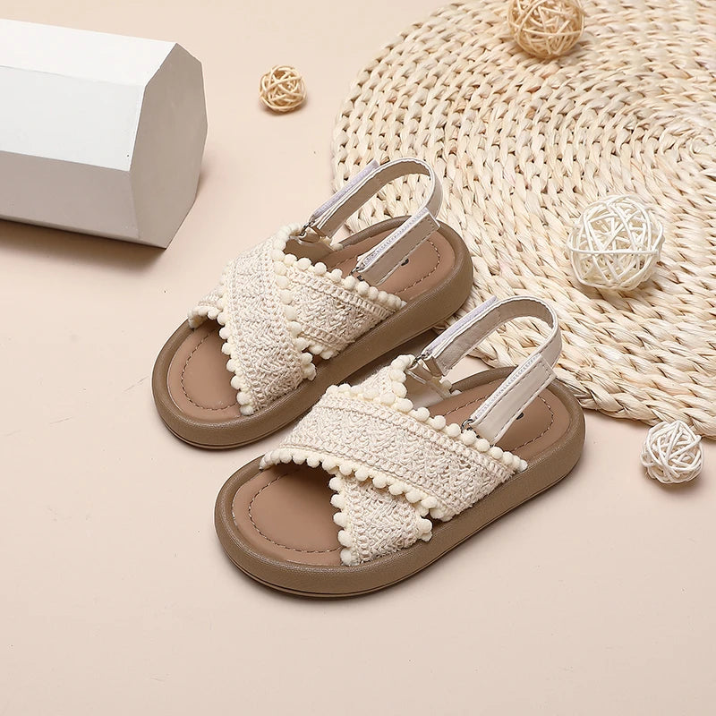 Girls Summer Beach Shoes Ethnic Style Kids Casual Sandals Soft Sole Fashion Children Retro Princess Shoes 2024 Summer New