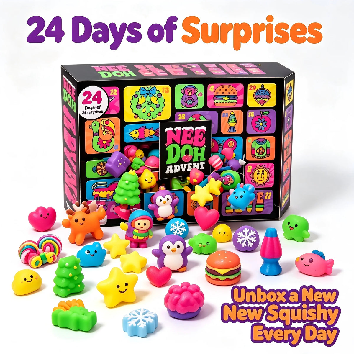 Surprise Squishy Blind Box, Needoh Advent Calendar, 24 Days Countdown Stress Relief Fidget Toys, New Year Advent Calendar Gift