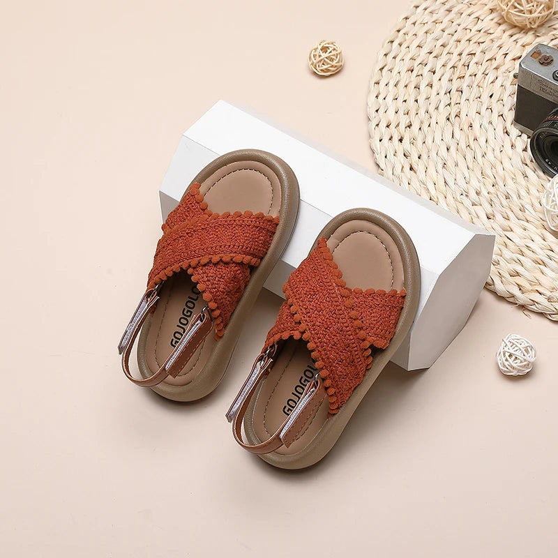 Girls Summer Beach Shoes Ethnic Style Kids Casual Sandals Soft Sole Fashion Children Retro Princess Shoes 2024 Summer New