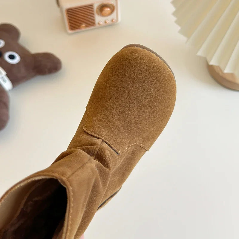 Winter Girl's Boots Suede Khaki Camel Slip-on Flexiable Classic Kids Boots Plush Warm Light Trendy Daily Comfy Children Shoes