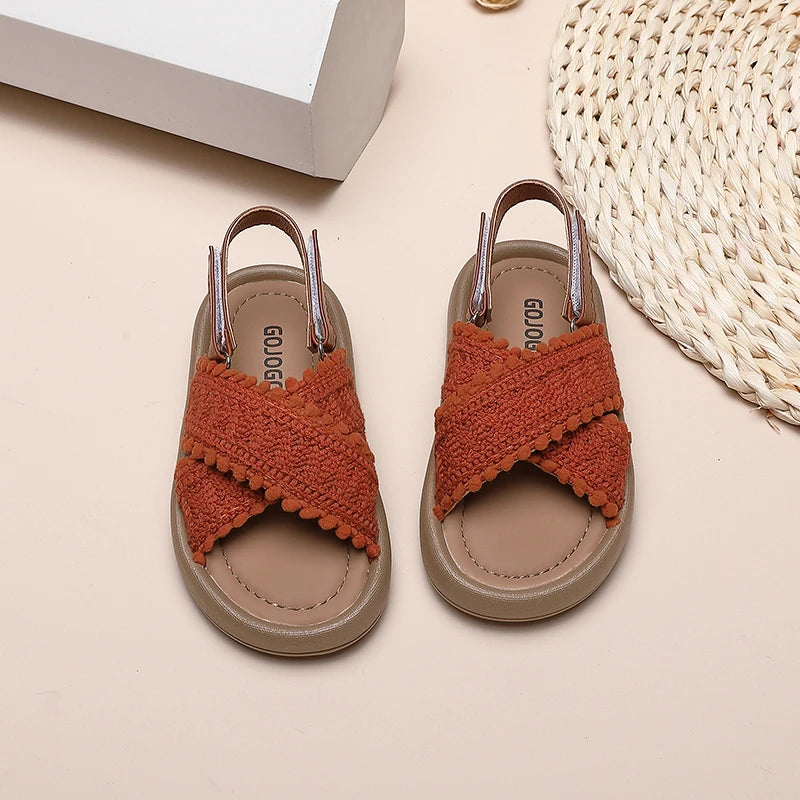 Girls Summer Beach Shoes Ethnic Style Kids Casual Sandals Soft Sole Fashion Children Retro Princess Shoes 2024 Summer New